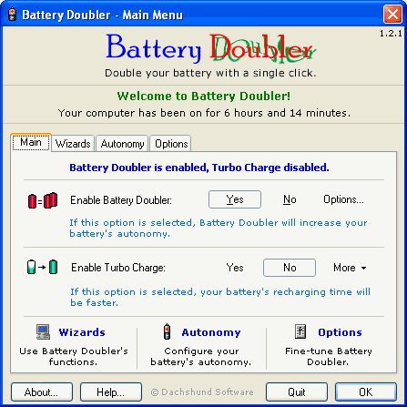 Battery doubler menu principale