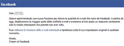 L'email inviata da Facebook agli utenti per annunciare la nuova funzione "Frequenza email"