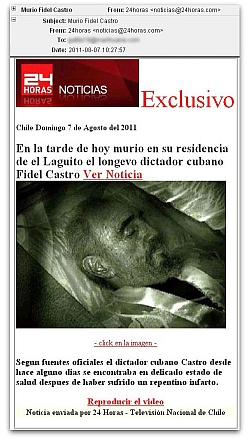Un messaggio spam annuncia la morte di Fidel Castro. In realtà contiene un virus