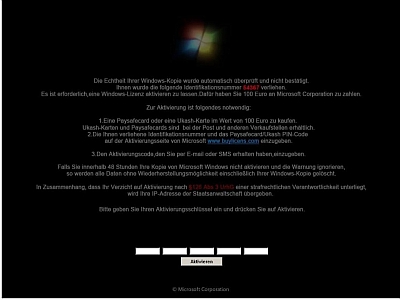 Il trojan Ranson.AN visualizza un messaggio che chiede all'utente di sborsare 100 euro per la licenza di Windows